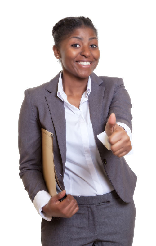 African businesswoman giving thumbs up sign